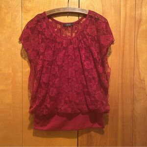 Vintage DEB Red‎ Lace Top-Dolman Sleeve-Attached Cami-Sz M-Fairy-Whimsigoth